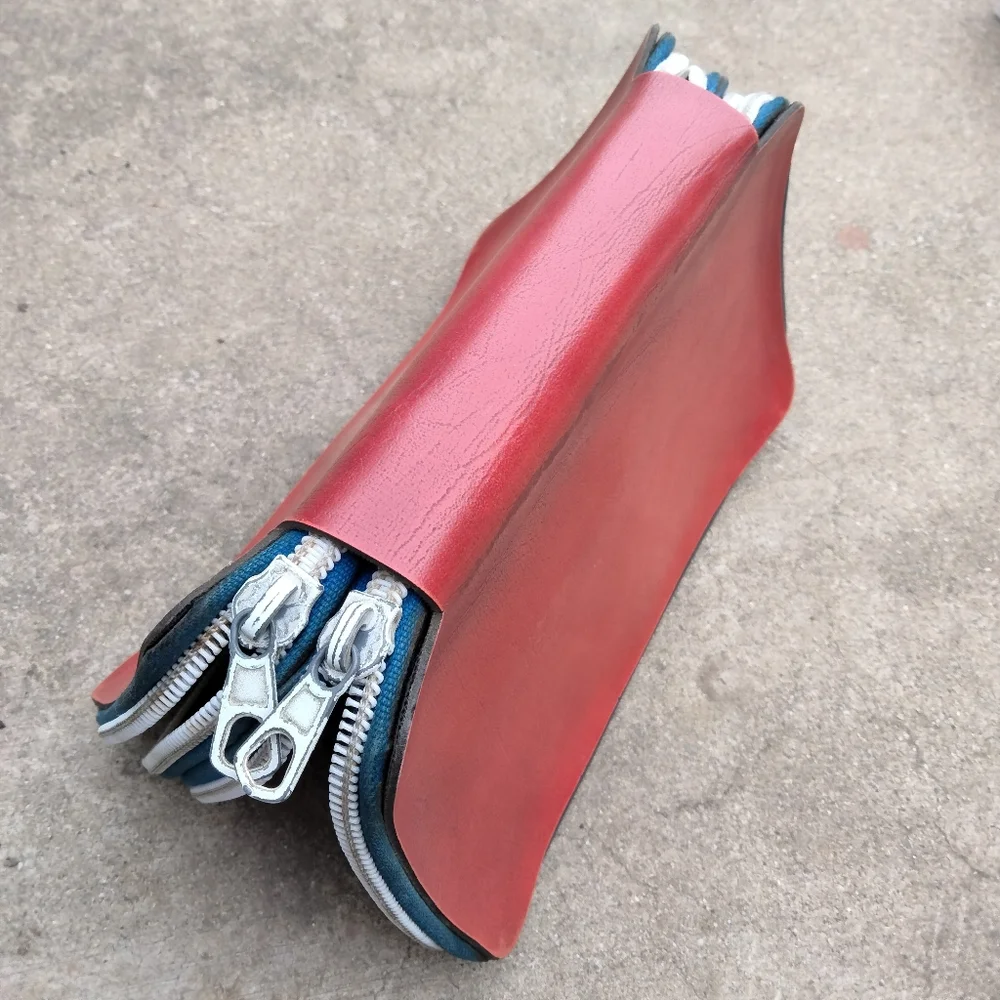 Vintage 80's Red Leather Double Zipper Pencil Case Pen Pouch Stationery Storage
